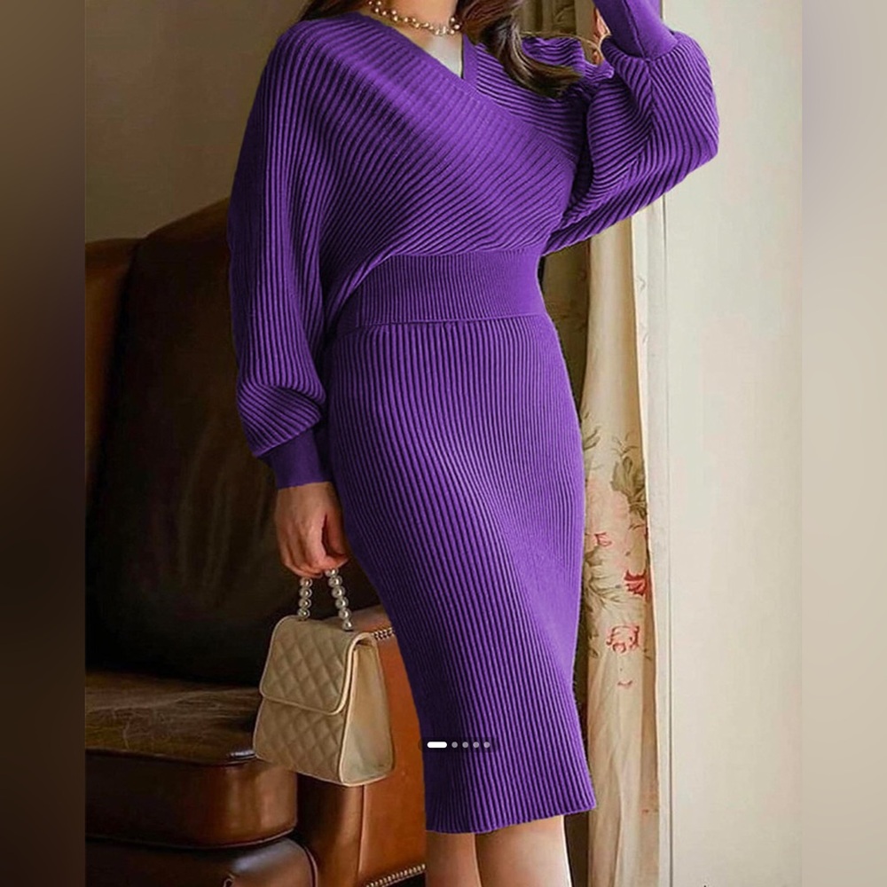 Royal Purple Ribbed Knit Sweater Dress NWT